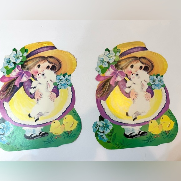 2 Vintage 1980’s Eureka Die Cut Easter Girl Lamb Cut Outs Double-sided - Picture 1 of 5